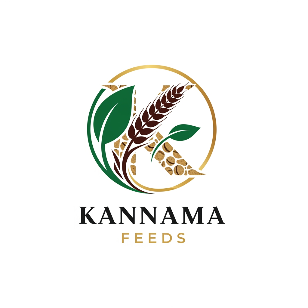 AI Design for Design a premium logo for Kannama Feeds featuring a stylized "K" inside a circular emblem. Integrate wheat ears, a leaf, and subtle feed pellet shapes into the K. Position the emblem at the top with "KANNAMA FEEDS" centered underneath in elegant bold lettering. Colors: forest green, dark brown, and gold. Modern vector style, clean lines, minimal, corporate identity, white background, SVG-style logo.