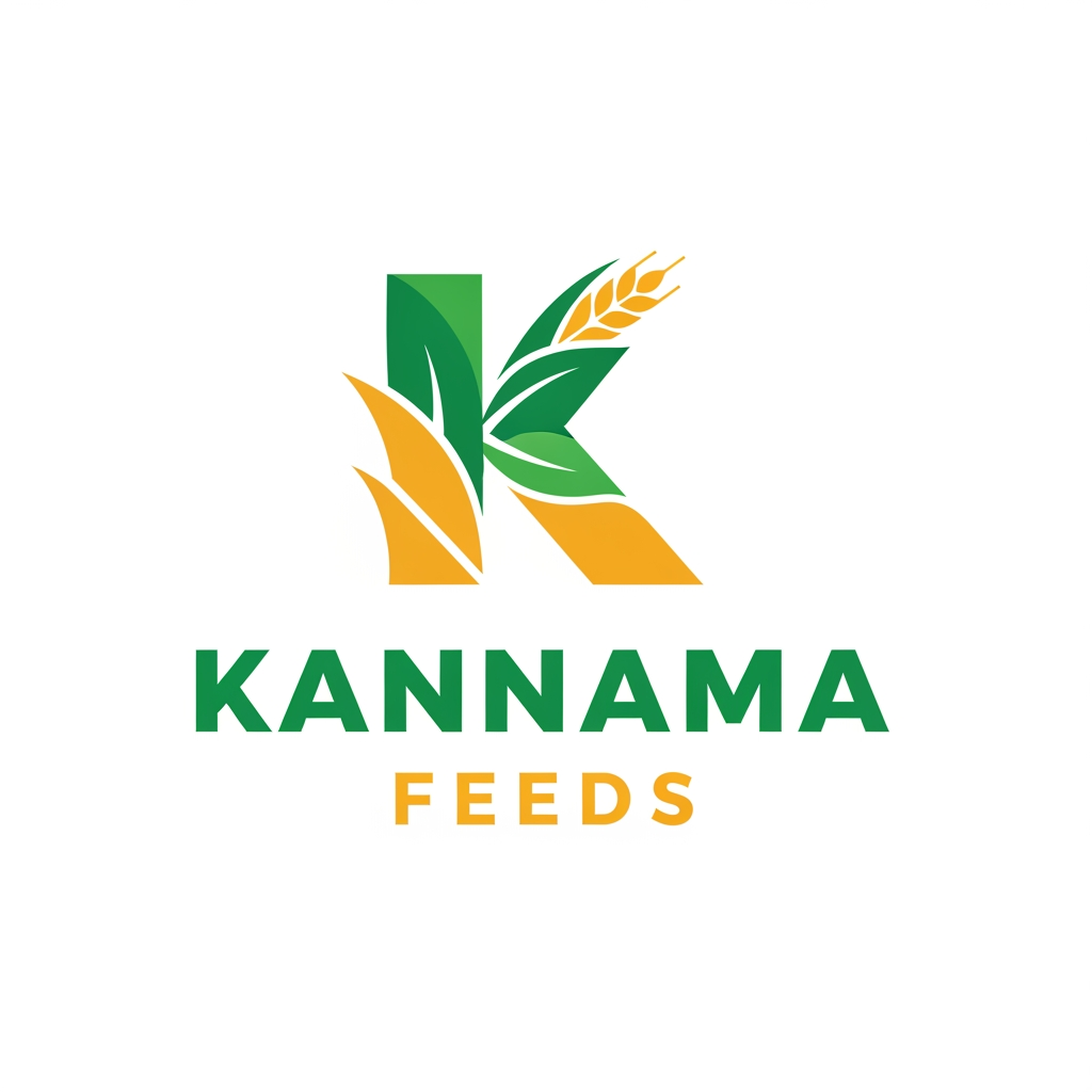 AI Design for Create a clean, modern vector logo for Kannama Feeds. Design a bold, geometric "K" symbol inspired by grain stalks, leaves, and livestock nutrition. The K should be the main icon centered at the top. Place "KANNAMA FEEDS" below in bold uppercase sans-serif typography. Use a green and golden yellow color palette representing agriculture and quality feed. Flat design, minimal, premium branding, white background, scalable vector, no gradients, no mockup.