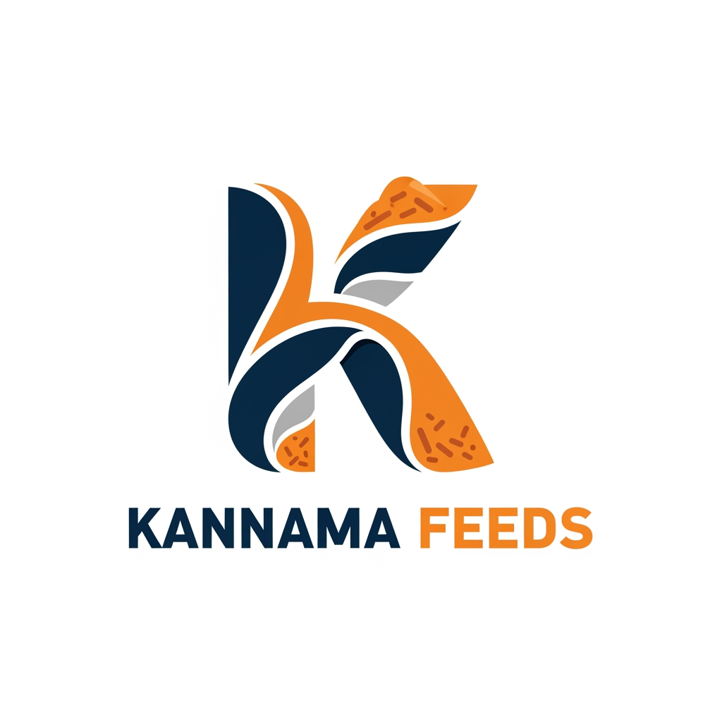 AI Design for Create a premium vector logo for "Kannama Feeds". Design a bold, modern "K" symbol made from abstract feed mash and feed pellet shapes flowing naturally into the letter. The icon should look clean, strong, and memorable without using leaves, wheat, or agricultural elements. Place the "K" symbol above the company name "KANNAMA FEEDS" in bold uppercase sans-serif typography. Use dark blue and orange with subtle gray accents to represent trust and nutrition. Flat vector design, minimal, white background, no gradients, no shadows, scalable SVG style.
