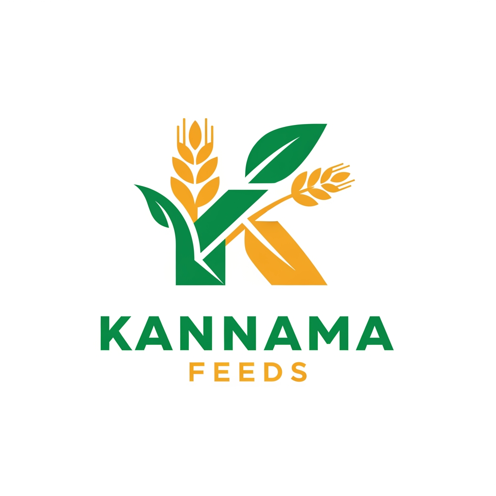 AI Design for Create a clean, modern vector logo for Kannama Feeds. Design a bold, geometric "K" symbol inspired by grain stalks, leaves, and livestock nutrition. The K should be the main icon centered at the top. Place "KANNAMA FEEDS" below in bold uppercase sans-serif typography. Use a green and golden yellow color palette representing agriculture and quality feed. Flat design, minimal, premium branding, white background, scalable vector, no gradients, no mockup.