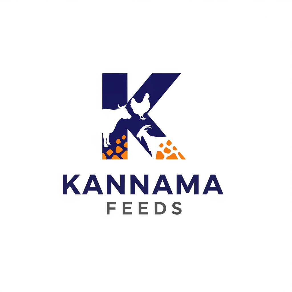 AI Design for Design a modern logo for "Kannama Feeds", an animal feed manufacturing company. Create a unique geometric "K" symbol that subtly incorporates feed mash particles and abstract silhouettes of a cow, poultry, and goat within the letter using negative space. The icon should remain simple and premium. Position the "K" above "KANNAMA FEEDS" in bold modern typography. Use navy blue, orange, and charcoal gray. Flat vector logo, corporate branding, clean lines, white background, no gradients.