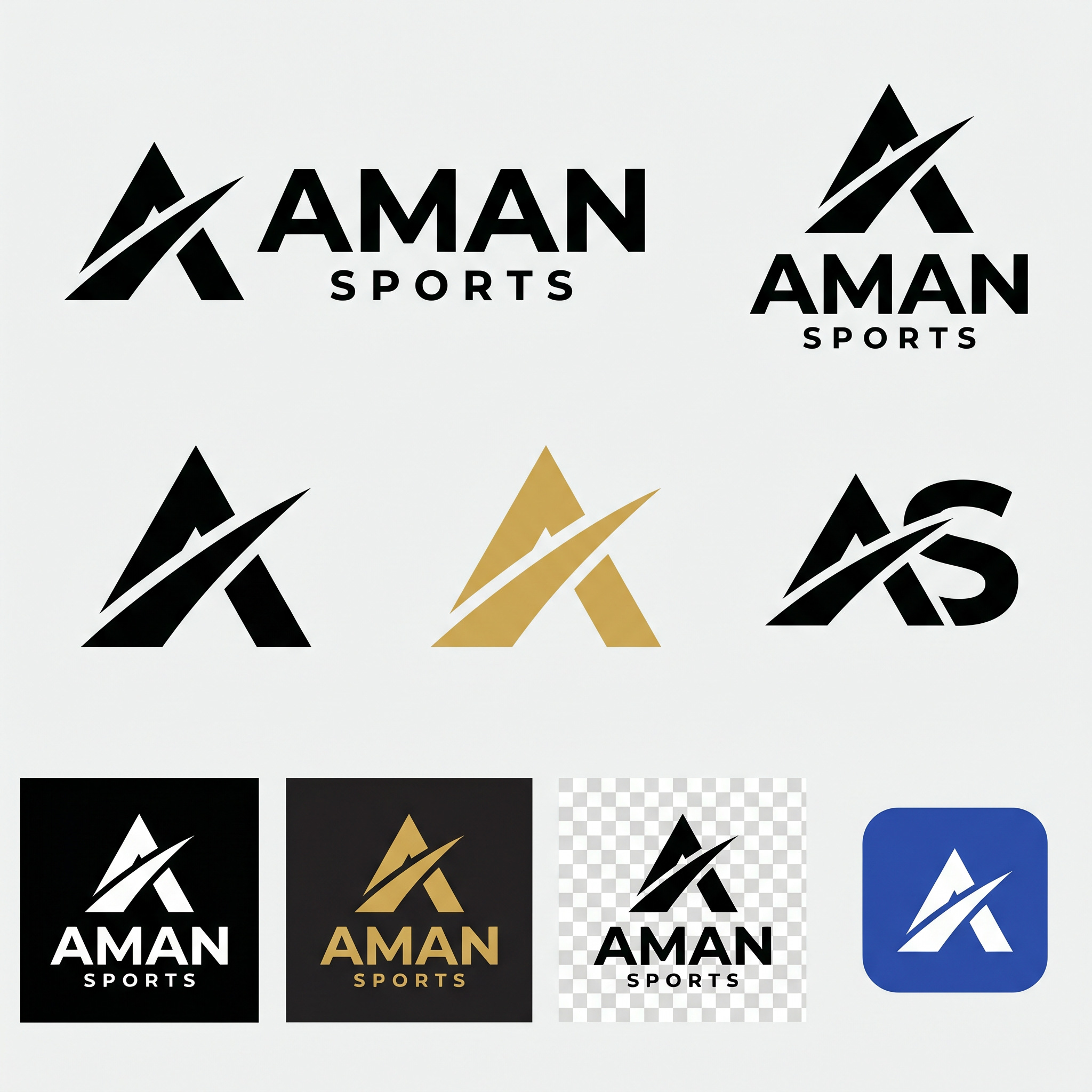 AI Design for Create a premium, modern, minimalist vector logo for a sports brand named "AMAN SPORTS".

Design Philosophy:
The logo should communicate strength, speed, performance, confidence, trust, and professionalism without looking overly aggressive or childish. It must have a timeless identity that remains relevant for many years.

Style:
• Minimal
• Bold
• Flat vector
• Clean geometric construction
• Modern sports branding
• Premium athletic identity
• Highly memorable
• Corporate-quality logo
• No unnecessary details

Typography:
Use a custom bold uppercase sans-serif font.
The word "AMAN" should be the primary focus.
"SPORTS" should appear smaller beneath or beside it.
Letter spacing should be balanced.
The typography should be unique enough to become a recognizable brand.

Logo Mark:
Create an original abstract symbol inspired by:
• Motion
• Speed
• Victory
• Athletic performance
• Precision
• Energy

The icon should NOT directly use footballs, cricket bats, balls, trophies, flames, wings, lions, tigers, eagles, stars, shields, or generic sports clipart.

Instead, use clean geometric shapes that subtly represent movement and power.

The icon must also work independently as a brand mark for:
• Jersey chest logo
• Cricket bat stickers
• Helmet stickers
• Sports equipment
• Embroidery
• Labels
• Social media profile
• App icon
• Watermark

Construction:
• Perfect vector geometry
• Symmetrical balance
• Clean negative space
• Sharp edges with smooth curves
• Excellent readability from very small sizes to large billboards

Color Palette:
Primary Version:
• Black
• White

Secondary Version:
• Matte Black + Metallic Gold

Optional Accent:
• Royal Blue
or
• Crimson Red

The logo must remain powerful even in a single-color version.

Background:
Create versions for:
• Transparent
• White background
• Black background

Output Requirements:
• Pure vector style
• SVG-ready
• AI-ready
• EPS-ready
• No gradients
• No shadows
• No bevels
• No 3D effects
• No mockups
• Crisp outlines
• Print-ready

Brand Personality:
Premium
Professional
Athletic
Reliable
Energetic
Bold
Versatile
Timeless

The final logo should look comparable to globally recognized sports brands such as Nike, Adidas, Under Armour, Puma, ASICS, Mizuno, and New Balance in terms of simplicity, scalability, and professional quality, while remaining completely original and avoiding any resemblance or copying of existing trademarks.

Deliver:
1. Primary horizontal logo
2. Stacked vertical logo
3. Icon-only version
4. Monogram "AS" version
5. Black version
6. White version
7. Gold version
8. Transparent background version
9. Square social media version
10. High-resolution vector artwork suitable for jerseys, bat stickers, embroidery, screen printing, heat transfer, sublimation printing, signage, business cards, packaging, and digital branding.