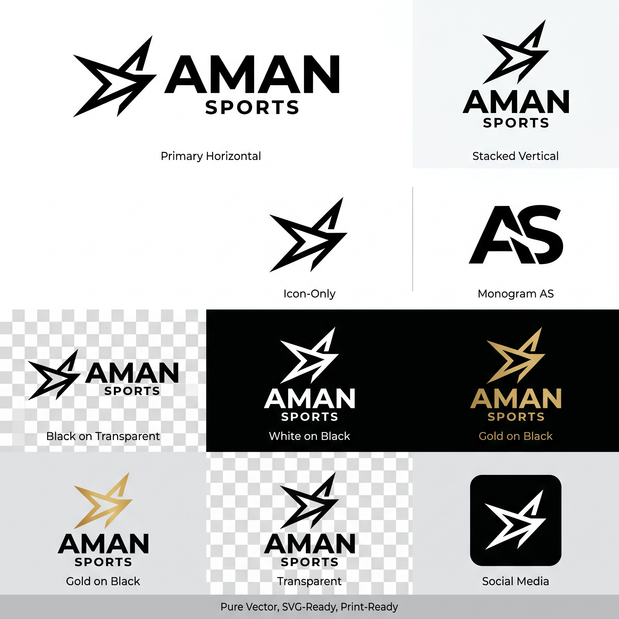 AI Design for Create a premium, modern, minimalist vector logo for a sports brand named "AMAN SPORTS".

Design Philosophy:
The logo should communicate strength, speed, performance, confidence, trust, and professionalism without looking overly aggressive or childish. It must have a timeless identity that remains relevant for many years.

Style:
• Minimal
• Bold
• Flat vector
• Clean geometric construction
• Modern sports branding
• Premium athletic identity
• Highly memorable
• Corporate-quality logo
• No unnecessary details

Typography:
Use a custom bold uppercase sans-serif font.
The word "AMAN" should be the primary focus.
"SPORTS" should appear smaller beneath or beside it.
Letter spacing should be balanced.
The typography should be unique enough to become a recognizable brand.

Logo Mark:
Create an original abstract symbol inspired by:
• Motion
• Speed
• Victory
• Athletic performance
• Precision
• Energy

The icon should NOT directly use footballs, cricket bats, balls, trophies, flames, wings, lions, tigers, eagles, stars, shields, or generic sports clipart.

Instead, use clean geometric shapes that subtly represent movement and power.

The icon must also work independently as a brand mark for:
• Jersey chest logo
• Cricket bat stickers
• Helmet stickers
• Sports equipment
• Embroidery
• Labels
• Social media profile
• App icon
• Watermark

Construction:
• Perfect vector geometry
• Symmetrical balance
• Clean negative space
• Sharp edges with smooth curves
• Excellent readability from very small sizes to large billboards

Color Palette:
Primary Version:
• Black
• White

Secondary Version:
• Matte Black + Metallic Gold

Optional Accent:
• Royal Blue
or
• Crimson Red

The logo must remain powerful even in a single-color version.

Background:
Create versions for:
• Transparent
• White background
• Black background

Output Requirements:
• Pure vector style
• SVG-ready
• AI-ready
• EPS-ready
• No gradients
• No shadows
• No bevels
• No 3D effects
• No mockups
• Crisp outlines
• Print-ready

Brand Personality:
Premium
Professional
Athletic
Reliable
Energetic
Bold
Versatile
Timeless

The final logo should look comparable to globally recognized sports brands such as Nike, Adidas, Under Armour, Puma, ASICS, Mizuno, and New Balance in terms of simplicity, scalability, and professional quality, while remaining completely original and avoiding any resemblance or copying of existing trademarks.

Deliver:
1. Primary horizontal logo
2. Stacked vertical logo
3. Icon-only version
4. Monogram "AS" version
5. Black version
6. White version
7. Gold version
8. Transparent background version
9. Square social media version
10. High-resolution vector artwork suitable for jerseys, bat stickers, embroidery, screen printing, heat transfer, sublimation printing, signage, business cards, packaging, and digital branding.
