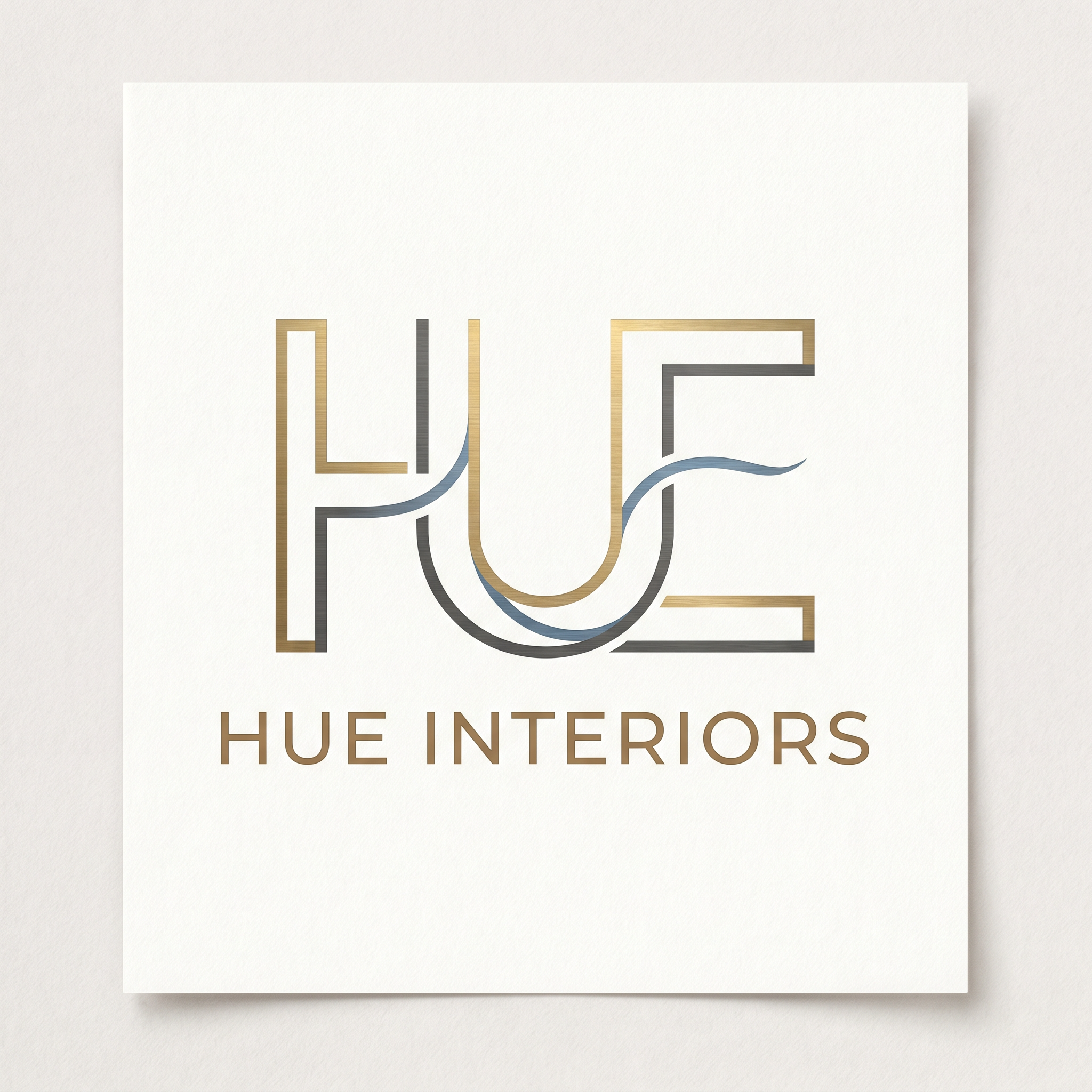 AI Design for A sophisticated, minimalist logo design for an interior design firm named HUE. The aesthetic is sleek, modern, and high-end, utilizing clean geometric lines and negative space to symbolize the intersection of light and architectural form. Use a refined, balanced color palette of muted earth tones and metallic accents to convey luxury and thoughtfulness. AND USE THE COLOR BLUE ALSO ANY SHADE AND IT CAN BE CURVES TOO TO GIVE SOFT CALM FEEEL