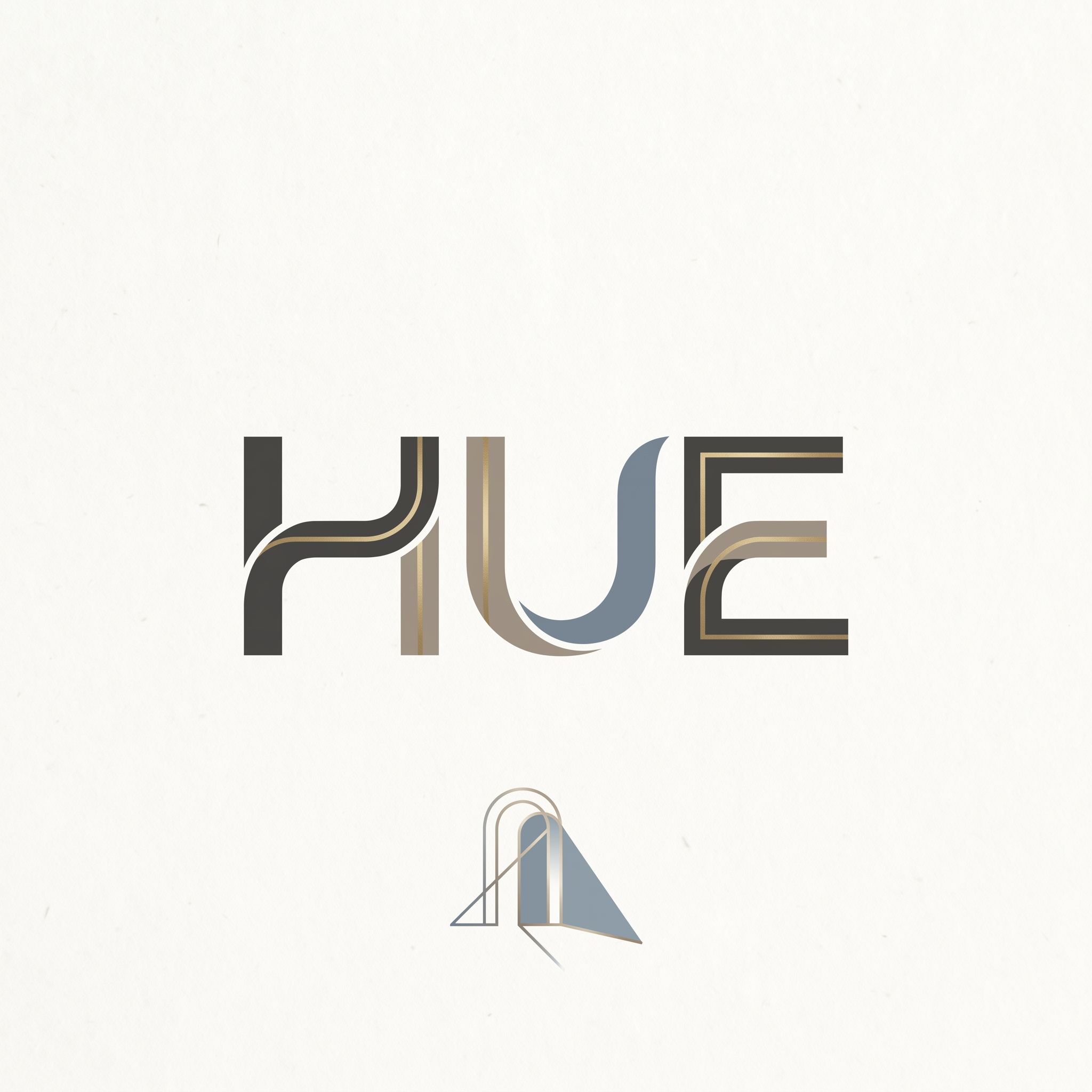 AI Design for A sophisticated, minimalist logo design for an interior design firm named HUE. The aesthetic is sleek, modern, and high-end, utilizing clean geometric lines and negative space to symbolize the intersection of light and architectural form. Use a refined, balanced color palette of muted earth tones and metallic accents to convey luxury and thoughtfulness. AND USE THE COLOR BLUE ALSO ANY SHADE AND IT CAN BE CURVES TOO TO GIVE SOFT CALM FEEEL