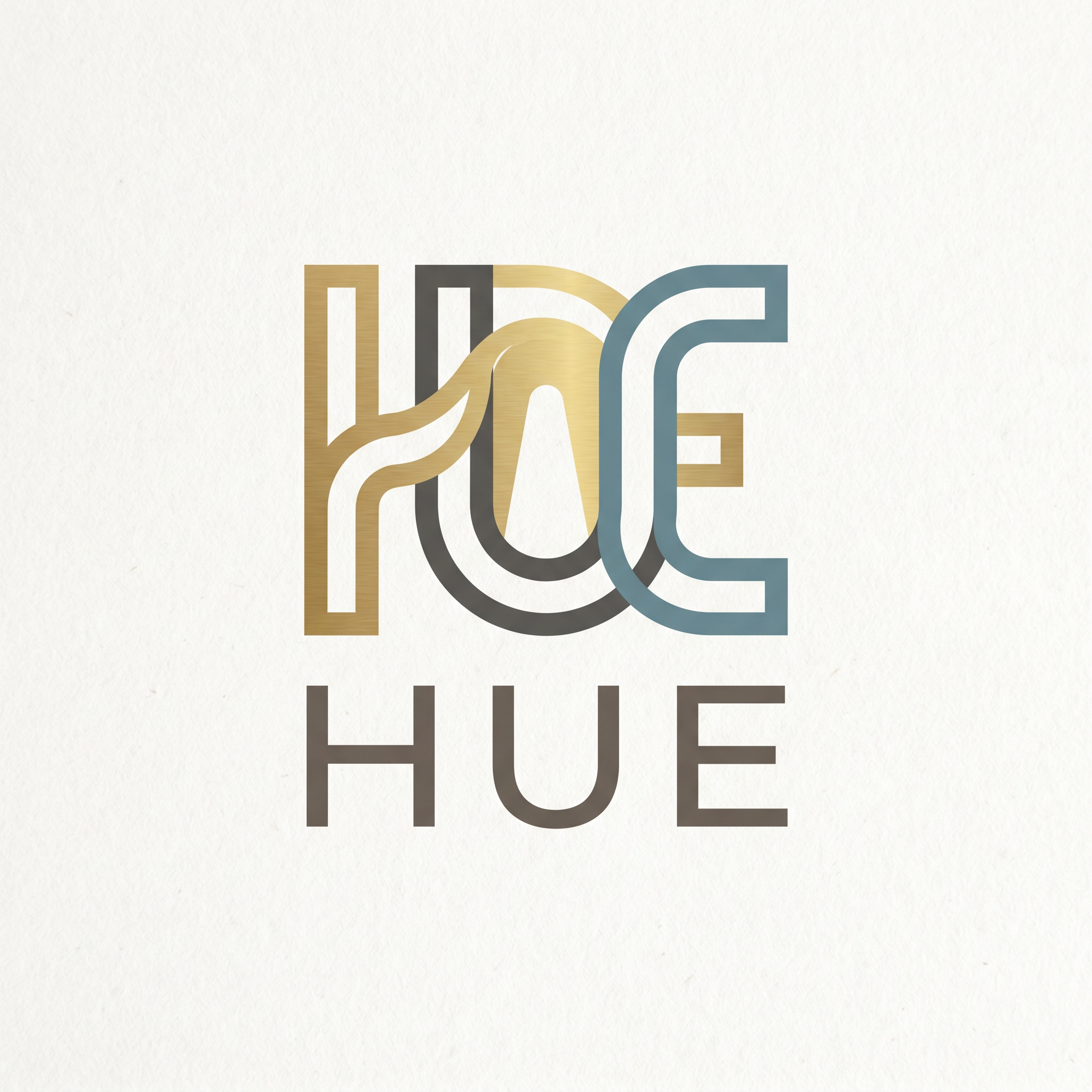 AI Design for A sophisticated, minimalist logo design for an interior design firm named HUE. The aesthetic is sleek, modern, and high-end, utilizing clean geometric lines and negative space to symbolize the intersection of light and architectural form. Use a refined, balanced color palette of muted earth tones and metallic accents to convey luxury and thoughtfulness. AND USE THE COLOR BLUE ALSO ANY SHADE AND IT CAN BE CURVES TOO TO GIVE SOFT CALM FEEEL