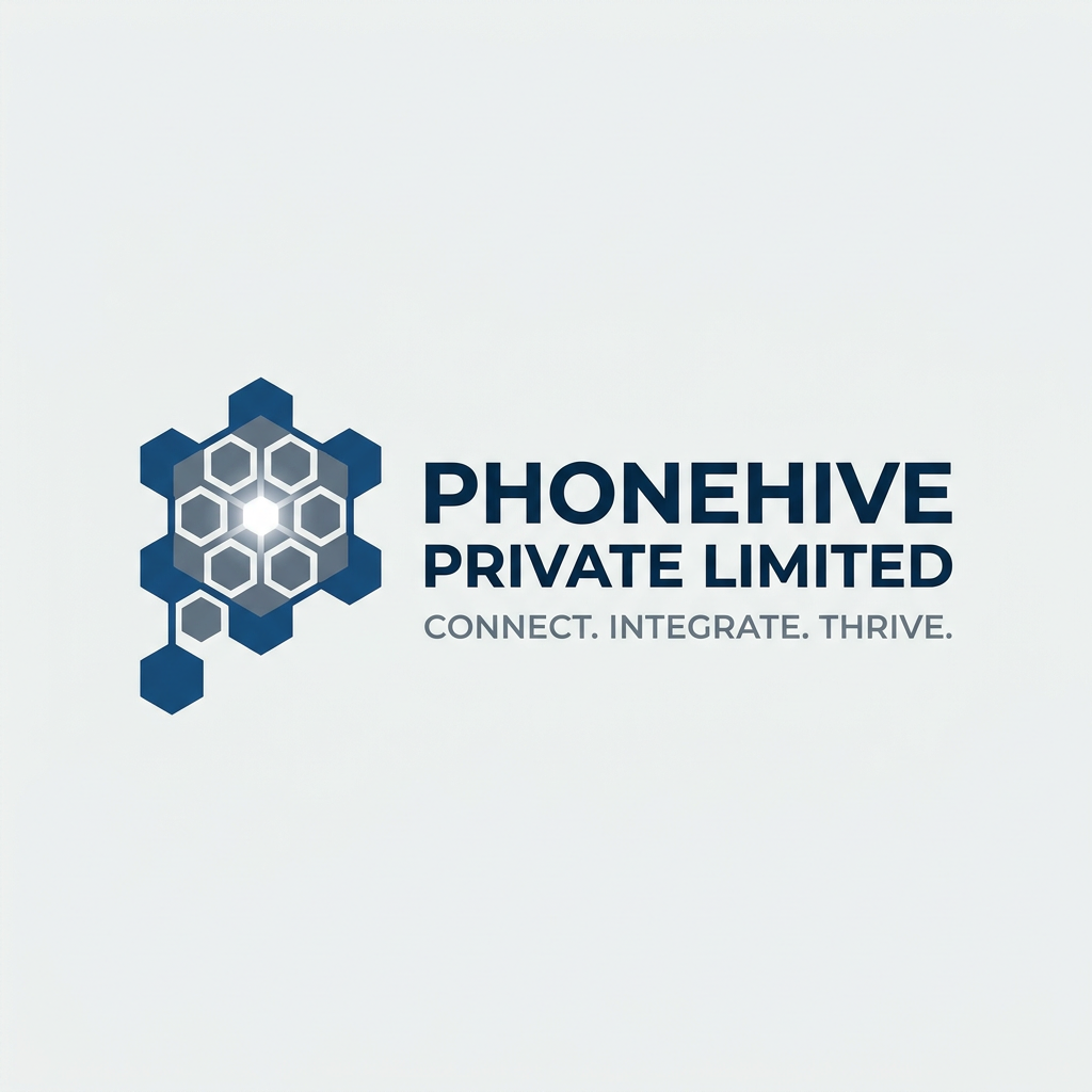 AI Design for A professional, minimalist logo for 'Phonehive Private Limited' featuring a stylized, geometric 'P' icon that represents a central hub or interconnected node. The design utilizes a sophisticated tech-forward color palette of deep cool blues, slate grays, and crisp whites, rendered in a bold, modern sans-serif typography. The composition is clean, scalable, and highly legible, optimized for both monochromatic and full-color applications ranging from website favicons to large-scale signage.