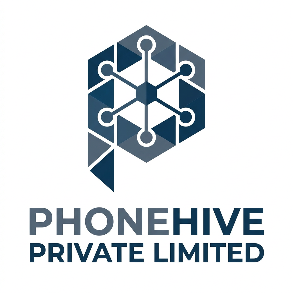 AI Design for A professional, minimalist logo for 'Phonehive Private Limited' featuring a stylized, geometric 'P' icon that represents a central hub or interconnected node. The design utilizes a sophisticated tech-forward color palette of deep cool blues, slate grays, and crisp whites, rendered in a bold, modern sans-serif typography. The composition is clean, scalable, and highly legible, optimized for both monochromatic and full-color applications ranging from website favicons to large-scale signage.