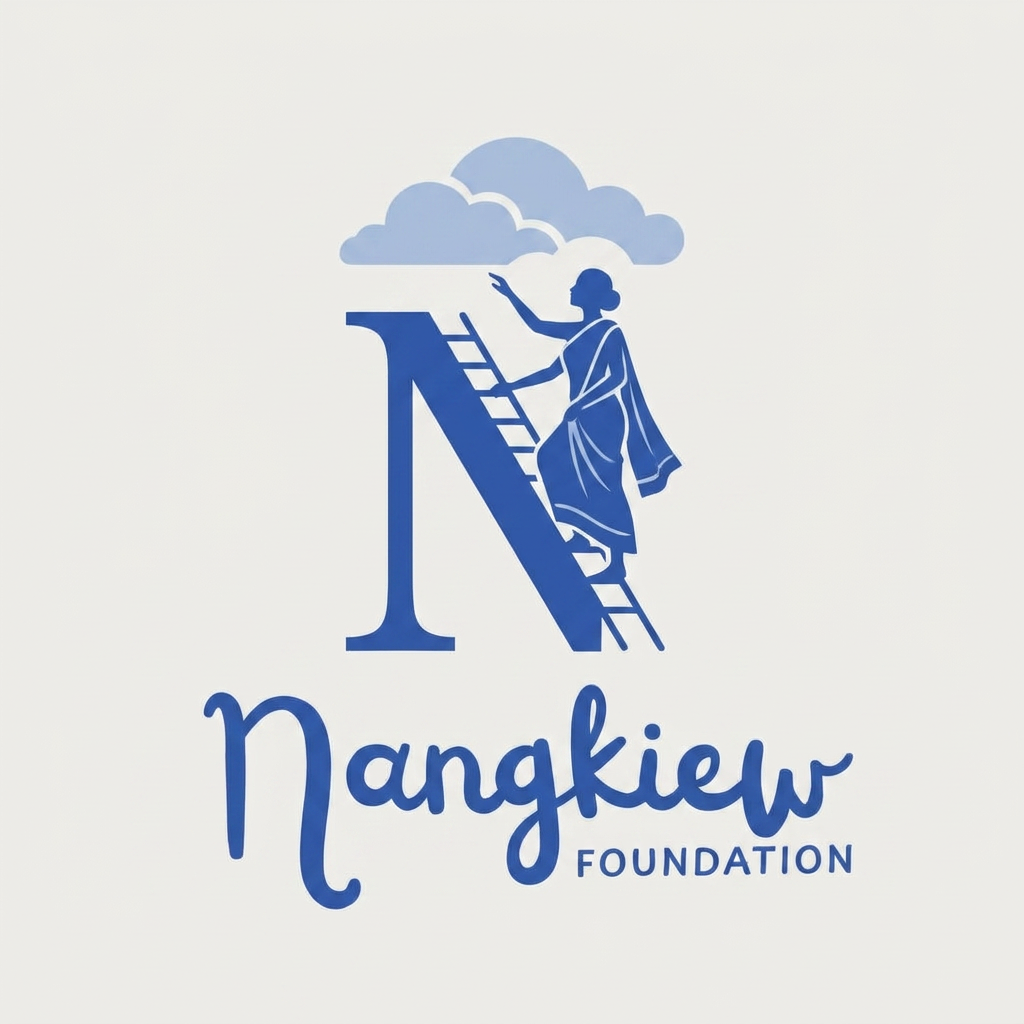AI Design for A professional and minimalist logo for the Nangkiew foundation, featuring a stylized silhouette of a Khasi woman wearing a traditional Jainsem and Jain kyrshah, gracefully climbing a subtle ladder toward a soft, abstract cloud formation. The design centers around a clean, modern typography for the letter 'N' integrated with the climbing motif. Use a cohesive, premium blue color palette with crisp vector lines, flat design elements, and generous negative space to ensure a sophisticated, high-end branding aesthetic suitable for a non-profit foundation. please don't make the woman wear saree but khasi traditional dress like jainsem or jainkyrshah