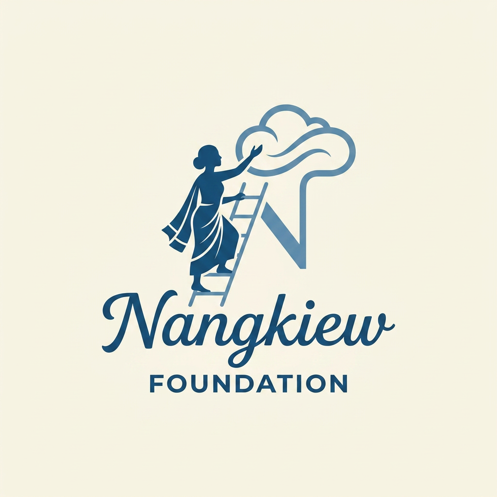 AI Design for A professional and minimalist logo for the Nangkiew foundation, featuring a stylized silhouette of a Khasi woman wearing a traditional Jainsem and Jain kyrshah, gracefully climbing a subtle ladder toward a soft, abstract cloud formation. The design centers around a clean, modern typography for the letter 'N' integrated with the climbing motif. Use a cohesive, premium blue color palette with crisp vector lines, flat design elements, and generous negative space to ensure a sophisticated, high-end branding aesthetic suitable for a non-profit foundation. please don't make the woman wear saree but khasi traditional dress like jainsem or jainkyrshah