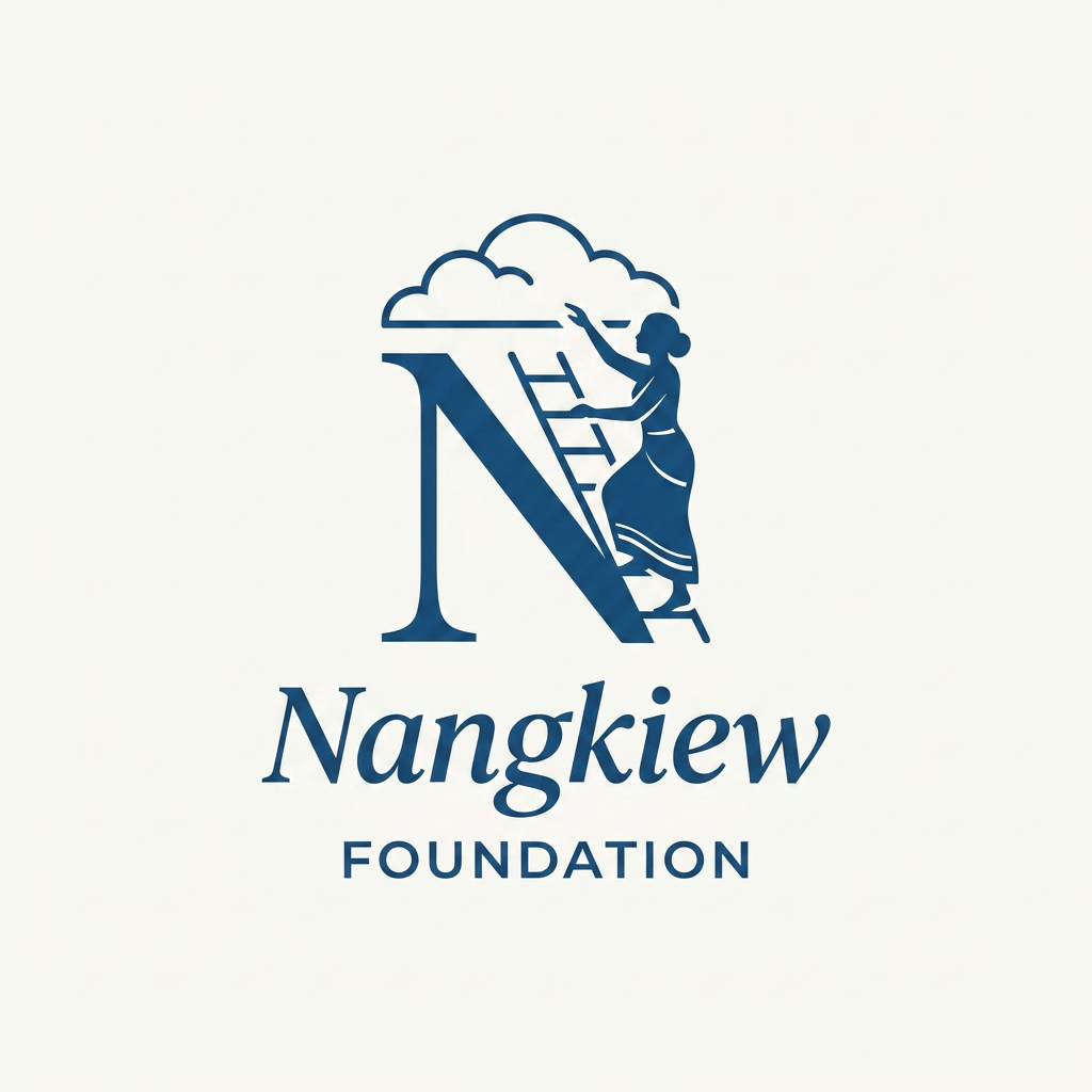 AI Design for A professional and minimalist logo for the Nangkiew foundation, featuring a stylized silhouette of a Khasi woman wearing a traditional Jainsem and Jain kyrshah, gracefully climbing a subtle ladder toward a soft, abstract cloud formation. The design centers around a clean, modern typography for the letter 'N' integrated with the climbing motif. Use a cohesive, premium blue color palette with crisp vector lines, flat design elements, and generous negative space to ensure a sophisticated, high-end branding aesthetic suitable for a non-profit foundation. please don't make the woman wear saree but khasi traditional dress like jainsem or jainkyrshah