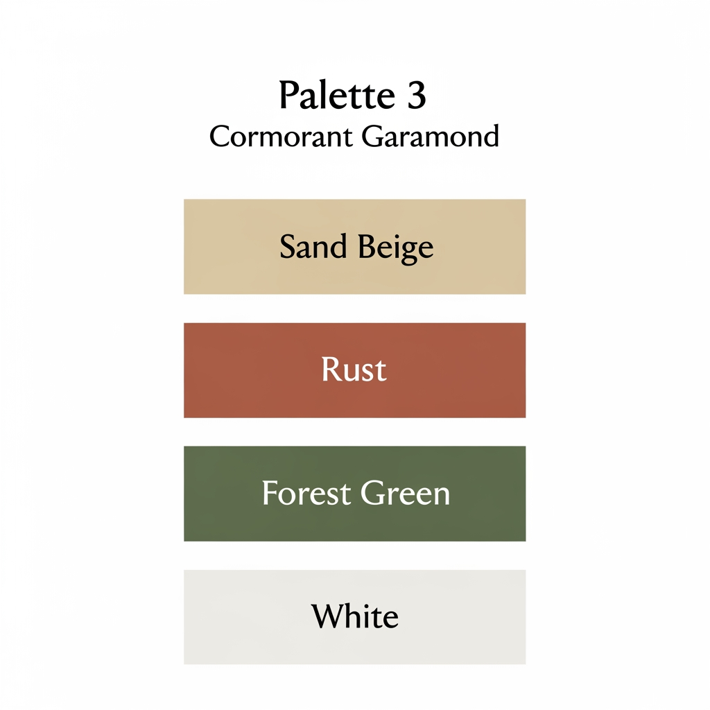 AI Design for Palette 3
Sand Beige
Rust
Forest Green
White
Typography - Heading:
Cormorant Garamond