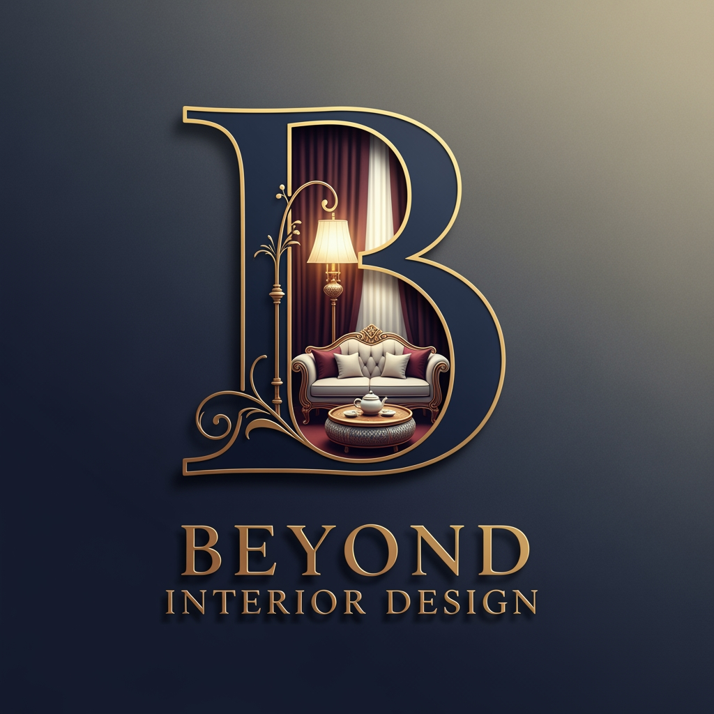 AI Design for my bussiness name is beyond interior design and i want a logo that b in that i need required stuff like a small sofa,lamp,teapoy down beyond interior design with royal look