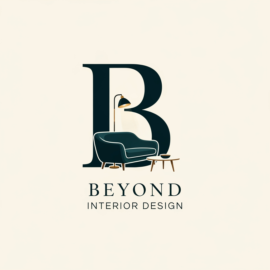 AI Design for my bussiness name is beyond interior design and i want a logo that b in that i need required stuff like a small sofa,lamp,teapoy down beyond interior design with royal look