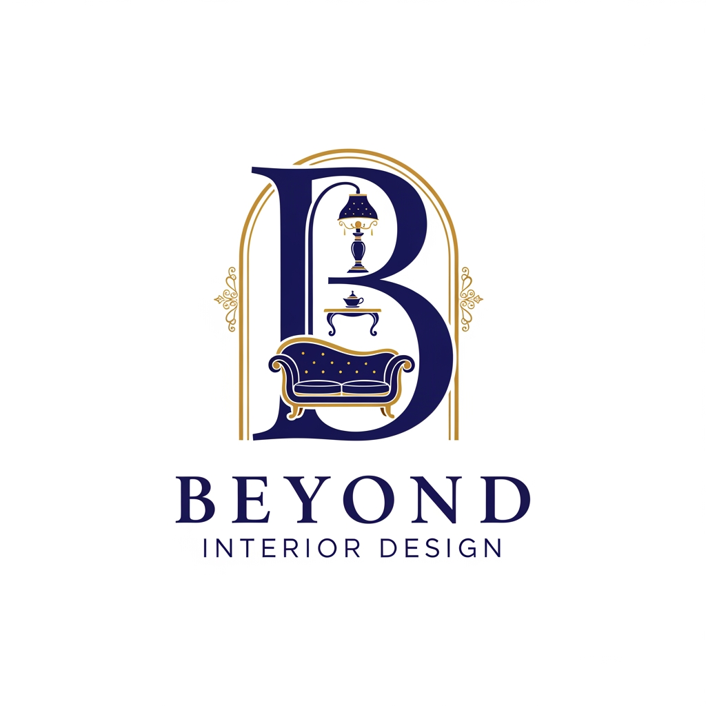 AI Design for my bussiness name is beyond interior design and i want a logo that b in that i need required stuff like a small sofa,lamp,teapoy down beyond interior design with royal look