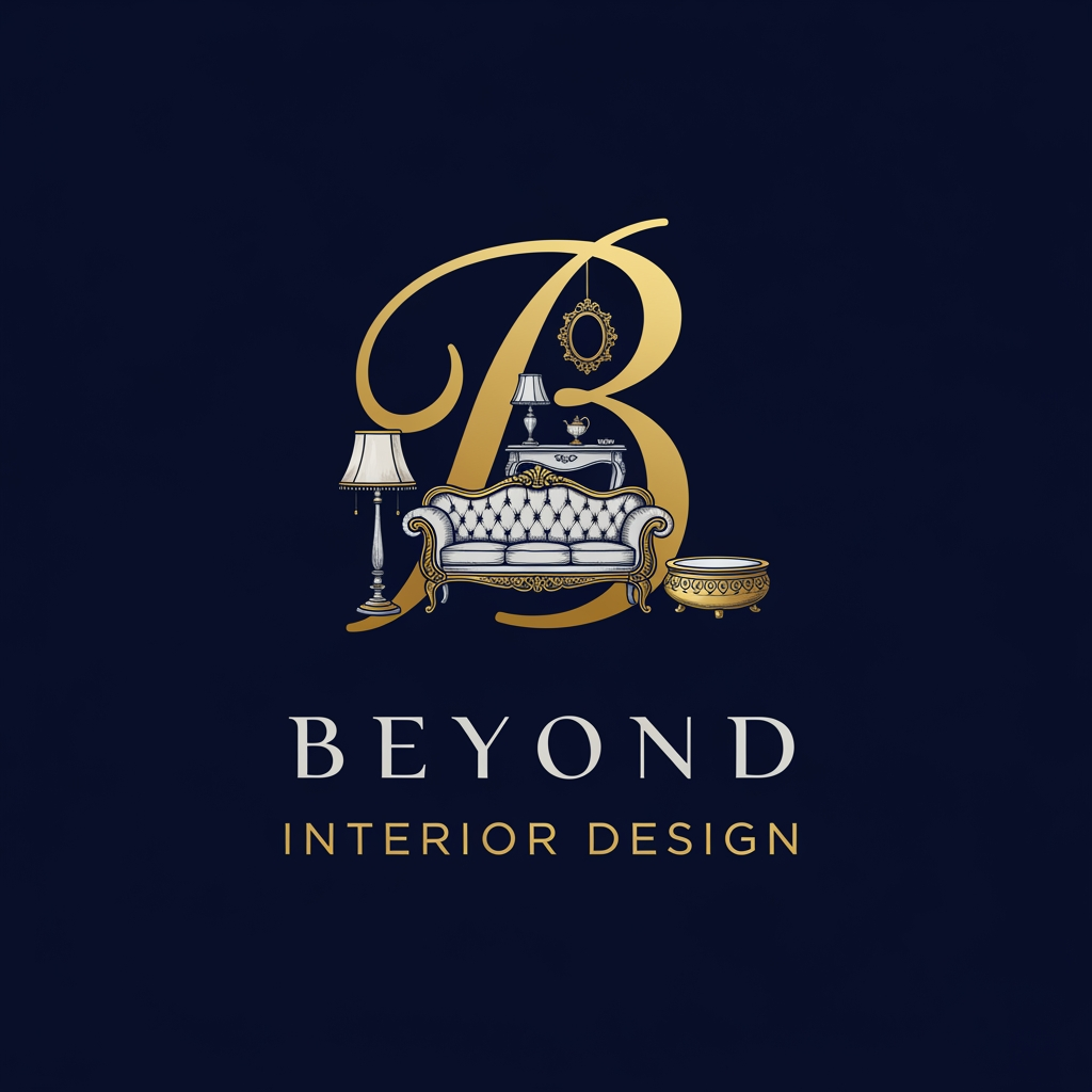 AI Design for my bussiness name is beyond interior design and i want a logo that b in that i need required stuff like a small sofa,lamp,teapoy down beyond interior design with royal look