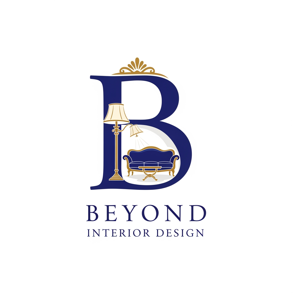AI Design for my bussiness name is beyond interior design and i want a logo that b in that i need required stuff like a small sofa,lamp,teapoy down beyond interior design with royal look