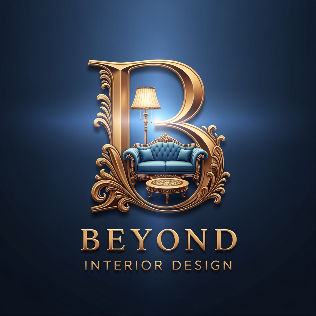 AI Design for my bussiness name is beyond interior design and i want a logo that b in that i need required stuff like a small sofa,lamp,teapoy down beyond interior design with royal look