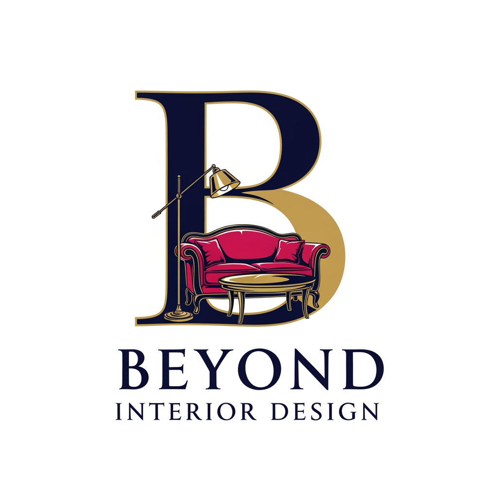 AI Design for my bussiness name is beyond interior design and i want a logo that b in that i need required stuff like a small sofa,lamp,teapoy down beyond interior design with royal look