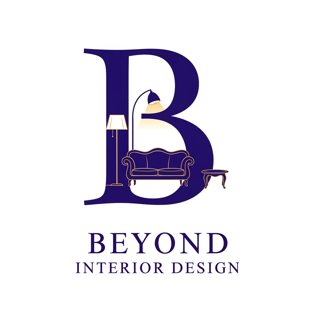 AI Design for my bussiness name is beyond interior design and i want a logo that b in that i need required stuff like a small sofa,lamp,teapoy down beyond interior design with royal look