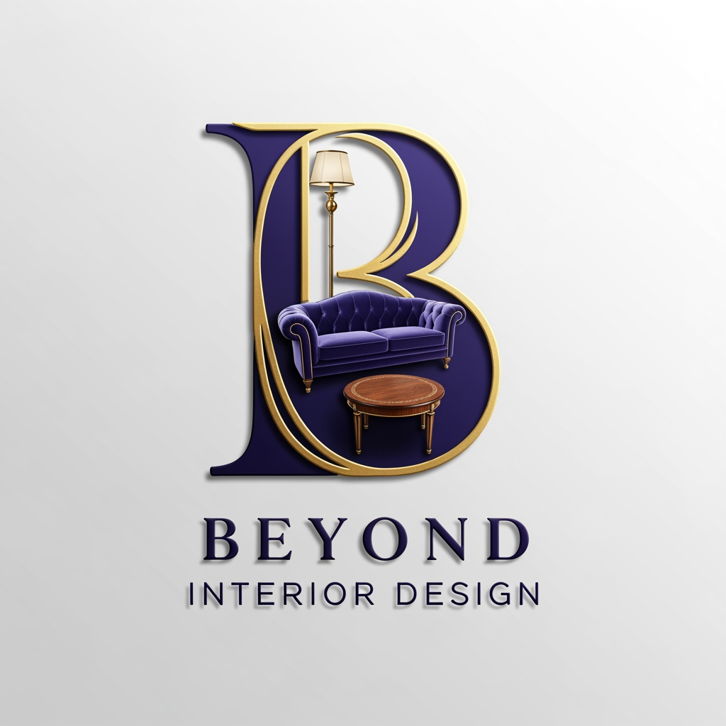 AI Design for my bussiness name is beyond interior design and i want a logo that b in that i need required stuff like a small sofa,lamp,teapoy down beyond interior design with royal look