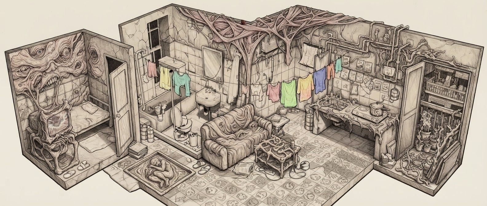 create a detailed isometric lineart illustration in the same artstyle as the first reference image showing an accurate representation of Bangladeshi middle class housing architecture and residency space, ensure same art style and angle of view, emphasize on the disregulated nature of spaces that are meant to accomodate people avoidant of consideration to human centric design. but the final composition will be surreal, depicting the correlation between architecture and mental health