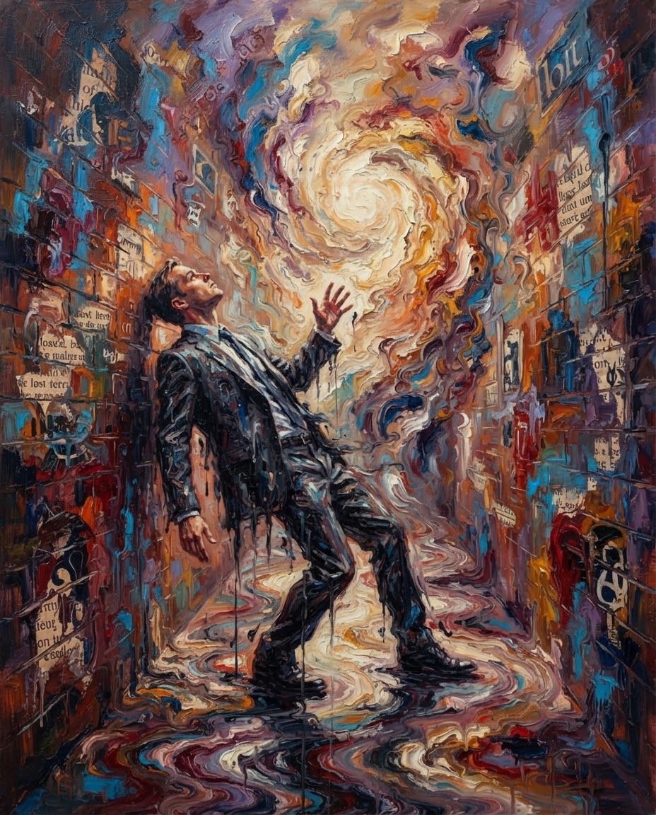 AI Design for redraw  image in a chaotic painterly, surreal, abstract colorful oil paint smudged art style. poetic, change pose, create new artwork