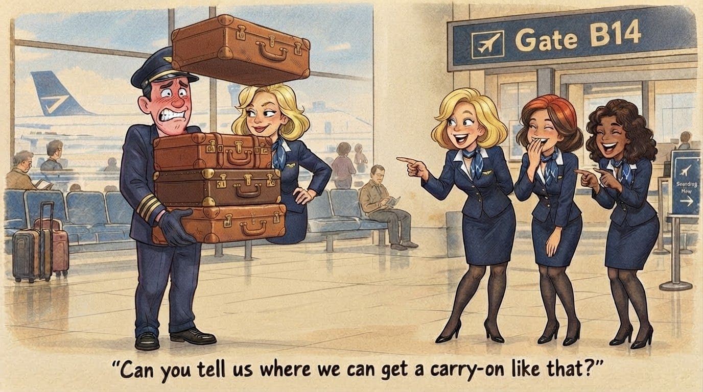AI Design for make the pilot in the second image hold up the suitcases higher like the guy in the first image have his head tilting up a bit. and remove the hats from all the women's heads