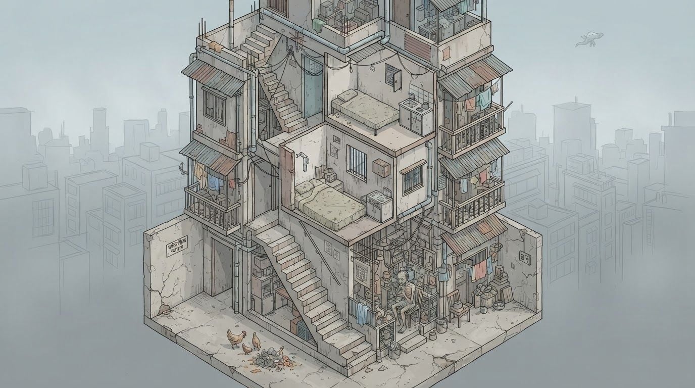 AI Design for create a detailed minimal isometric lineart illustration in the same artstyle as the first reference image showing an accurate representation of Bangladeshi middle class housing architecture and residency space, ensure same art style and angle of view, emphasize on the disregulated nature of spaces that are meant to accomodate people avoidant of consideration to human centric design. but the final composition will be surreal, depicting the correlation between architecture and mental health. minimal composition, donty crowd it too much