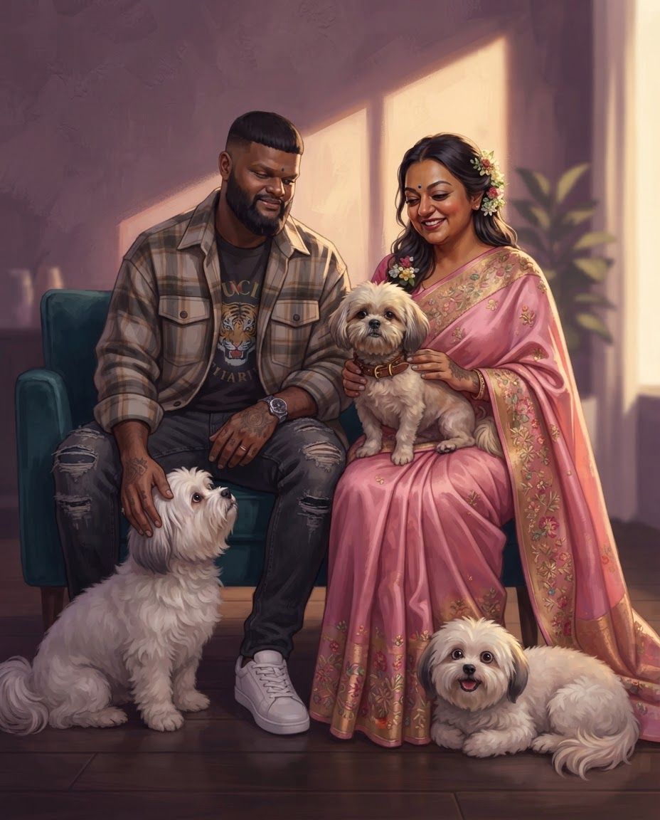 AI Design for Create a highly detailed professional illustrated portrait of a couple together with their three dogs, using the attached reference image strictly as the VISUAL STYLE REFERENCE.
IMPORTANT: Preserve the real identity and recognizable physical characteristics of both people and all three dogs. Treat the supplied photographs as the primary identity references. Accurately reproduce facial structure, facial proportions, eye shape, eyebrows, nose, lips, jawline, hairline, hairstyle, skin tone, age, distinctive facial features, body proportions, and natural expressions of each individual. Do not beautify, genericize, age, de-age, or substantially alter their appearance.
For each dog, accurately preserve breed/type, body structure, size relationship, head shape, muzzle length, ear shape and position, eye shape, coat color, coat markings, fur pattern, distinctive patches, nose shape, tail characteristics, and other recognizable physical traits. Each dog must remain clearly distinguishable from the others.
VISUAL STYLE: follow 4rth image for art style reference
Match the supplied reference's sophisticated cinematic digital illustration aesthetic. Semi-realistic contemporary comic-book / graphic-novel painting, highly refined character illustration, realistic anatomy combined with stylized graphic shapes, confident clean contour work, angular painterly planes, carefully simplified forms, rich tonal modeling, subtle textured brushwork, crisp facial rendering, sophisticated color separation, dramatic environmental lighting, and polished professional concept-art finish. the saree of the woman will be pink and the man will be wearing street wear clothes stylish.
Use the reference's characteristic balance between realism and stylization: faces should remain anatomically convincing and recognizable while being interpreted through expressive painted shapes rather than photorealistic rendering. Avoid looking like a photograph, generic AI portrait, anime, 3D render, or conventional cartoon.
LIGHTING AND COLOR:
Use cinematic directional lighting with warm golden sunlight interacting with cooler violet, lavender, mauve, blue and muted teal shadow areas. Strong but controlled warm/cool color contrast. Soft atmospheric glow around illuminated areas, subtle reflected light on skin and fur, carefully designed highlights, deep but transparent shadows, and sophisticated color grading. Maintain the reference's luminous sunset/interior-light feeling without simply copying its original environment.
PAINTING TECHNIQUE:
Visible but refined digital brushwork, layered painterly color planes, subtle texture, crisp edges around important facial features, softer edges in secondary areas, controlled linework, nuanced skin rendering, individually readable strands of hair and fur without excessive micro-detail. Use simplified graphic shadow shapes combined with realistic anatomical volume.
COMPOSITION:
Create a balanced portrait composition featuring the couple as the central subjects with their three dogs naturally integrated around them. Arrange the subjects so that every face and every dog is clearly visible and readable. Establish an intimate sense of companionship and genuine connection between the couple and their pets.
The three dogs should have clearly different poses and silhouettes so none overlap confusingly. Maintain accurate scale relationships between the couple and all three dogs. Avoid placing any dog directly in front of a person's face. Allow enough negative space around heads and bodies for clean silhouettes.
POSE AND EXPRESSION:
Natural, relaxed interaction rather than stiff studio posing. The couple should appear comfortable and emotionally connected looking at us happy and peaceful, while the dogs should behave naturally and individually. Preserve each person's characteristic expression from the supplied references while adapting it into the illustrated style. Expressions should feel subtle, warm, believable and emotionally authentic.
BACKGROUND:
Create a tasteful cinematic environment that supports the portrait without competing with the subjects. Use an elegant contemporary interior or softly atmospheric home setting, with simplified architectural forms, furniture and environmental details. Background elements should be rendered with broader painterly shapes and lower visual contrast than the characters.
DETAIL PRIORITY:
1. Exact facial identity of both people
2. Accurate physical characteristics of all three dogs
3. Correct anatomy and proportions
4. Natural interaction between all five subjects
5. Cinematic lighting
6. Painterly graphic rendering
7. Environmental atmosphere
8. Fine hair and fur details
The final artwork should feel like a professionally commissioned premium character illustration: emotionally intimate, cinematic, sophisticated, highly detailed and visually cohesive, with the unmistakable visual language of the supplied reference while remaining an original composition.
HIGH RESOLUTION, polished professional digital painting, refined anatomy, accurate facial likeness, accurate animal likeness, sophisticated composition, cinematic lighting, rich painterly color, controlled graphic shapes, detailed but elegant rendering, sharp focal details, atmospheric depth.