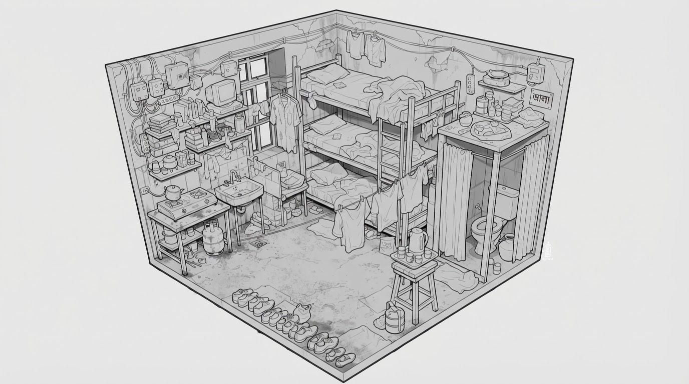 create a detailed isometric lineart illustration in the same artstyle as the reference image showing an accurate representation of Bangladeshi middle class housing architecture and residency space, ensure same art style and angle of view, emphasize on the disregulated nature of spaces that are meant to accomodate people avoidant of consideration to human centric design