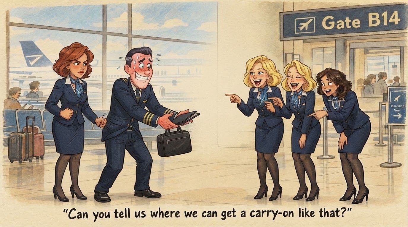 AI Design for Keep the same overall cartoon illustration style, airport background, uniforms, and flight attendant hairstyles from the current image. Make the following changes:
Reposition the characters:
Left side: the pilot + one flight attendant making a fist near the pilot’s hip/waist, both facing toward the right.
Right side: the other three flight attendants, pointing and giggling while facing toward the left, so the two groups interact visually.
Pilot:
Stand naturally with both arms extended forward, palms up, carrying only a few pieces of luggage.
Keep the luggage at chest level or below, never covering his face.
Make his face visibly red, nervous, and embarrassed, with an exaggerated cartoon expression similar to the provided reference.
Flight attendant hats: Remove all hats. Keep the modern hairstyles from the current image.
Flight attendant making the fist:
Have her standing fully upright.
Her fist should be positioned near the pilot’s hip/waist area as part of the comedic gesture.
Other three flight attendants: Have all three standing upright, while pointing, laughing, and reacting to the pilot.
Maintain the same characters, proportions, uniforms, background, color palette, and vintage cartoon aesthetic.
Overall composition should clearly read as two groups: pilot + one flight attendant on the left, and three flight attendants on the right.