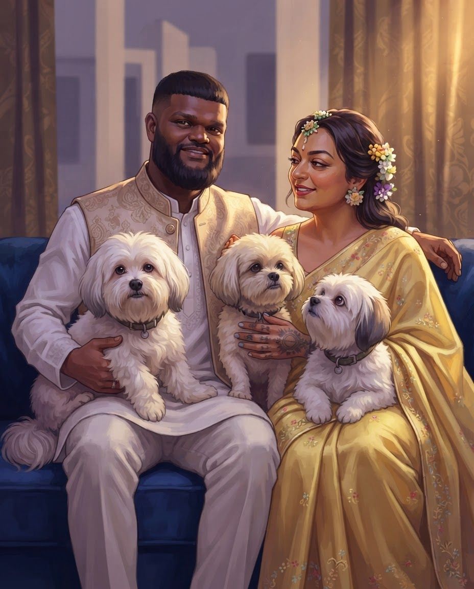 AI Design for Create a highly detailed professional illustrated portrait of a couple together with their three dogs, using the attached reference image strictly as the VISUAL STYLE REFERENCE.
IMPORTANT: Preserve the real identity and recognizable physical characteristics of both people and all three dogs. Treat the supplied photographs as the primary identity references. Accurately reproduce facial structure, facial proportions, eye shape, eyebrows, nose, lips, jawline, hairline, hairstyle, skin tone, age, distinctive facial features, body proportions, and natural expressions of each individual. Do not beautify, genericize, age, de-age, or substantially alter their appearance.
For each dog, accurately preserve breed/type, body structure, size relationship, head shape, muzzle length, ear shape and position, eye shape, coat color, coat markings, fur pattern, distinctive patches, nose shape, tail characteristics, and other recognizable physical traits. Each dog must remain clearly distinguishable from the others.
VISUAL STYLE: follow 4rth image for art style reference
Match the supplied reference's sophisticated cinematic digital illustration aesthetic. Semi-realistic contemporary comic-book / graphic-novel painting, highly refined character illustration, realistic anatomy combined with stylized graphic shapes, confident clean contour work, angular painterly planes, carefully simplified forms, rich tonal modeling, subtle textured brushwork, crisp facial rendering, sophisticated color separation, dramatic environmental lighting, and polished professional concept-art finish.
Use the reference's characteristic balance between realism and stylization: faces should remain anatomically convincing and recognizable while being interpreted through expressive painted shapes rather than photorealistic rendering. Avoid looking like a photograph, generic AI portrait, anime, 3D render, or conventional cartoon.
LIGHTING AND COLOR:
Use cinematic directional lighting with warm golden sunlight interacting with cooler violet, lavender, mauve, blue and muted teal shadow areas. Strong but controlled warm/cool color contrast. Soft atmospheric glow around illuminated areas, subtle reflected light on skin and fur, carefully designed highlights, deep but transparent shadows, and sophisticated color grading. Maintain the reference's luminous sunset/interior-light feeling without simply copying its original environment.
PAINTING TECHNIQUE:
Visible but refined digital brushwork, layered painterly color planes, subtle texture, crisp edges around important facial features, softer edges in secondary areas, controlled linework, nuanced skin rendering, individually readable strands of hair and fur without excessive micro-detail. Use simplified graphic shadow shapes combined with realistic anatomical volume.
COMPOSITION:
Create a balanced portrait composition featuring the couple as the central subjects with their three dogs naturally integrated around them. Arrange the subjects so that every face and every dog is clearly visible and readable. Establish an intimate sense of companionship and genuine connection between the couple and their pets.
The three dogs should have clearly different poses and silhouettes so none overlap confusingly. Maintain accurate scale relationships between the couple and all three dogs. Avoid placing any dog directly in front of a person's face. Allow enough negative space around heads and bodies for clean silhouettes.
POSE AND EXPRESSION:
Natural, relaxed interaction rather than stiff studio posing. The couple should appear comfortable and emotionally connected looking at us happy and peaceful, while the dogs should behave naturally and individually. Preserve each person's characteristic expression from the supplied references while adapting it into the illustrated style. Expressions should feel subtle, warm, believable and emotionally authentic.
BACKGROUND:
Create a tasteful cinematic environment that supports the portrait without competing with the subjects. Use an elegant contemporary interior or softly atmospheric home setting, with simplified architectural forms, furniture and environmental details. Background elements should be rendered with broader painterly shapes and lower visual contrast than the characters.
DETAIL PRIORITY:
1. Exact facial identity of both people
2. Accurate physical characteristics of all three dogs
3. Correct anatomy and proportions
4. Natural interaction between all five subjects
5. Cinematic lighting
6. Painterly graphic rendering
7. Environmental atmosphere
8. Fine hair and fur details
The final artwork should feel like a professionally commissioned premium character illustration: emotionally intimate, cinematic, sophisticated, highly detailed and visually cohesive, with the unmistakable visual language of the supplied reference while remaining an original composition.
HIGH RESOLUTION, polished professional digital painting, refined anatomy, accurate facial likeness, accurate animal likeness, sophisticated composition, cinematic lighting, rich painterly color, controlled graphic shapes, detailed but elegant rendering, sharp focal details, atmospheric depth.