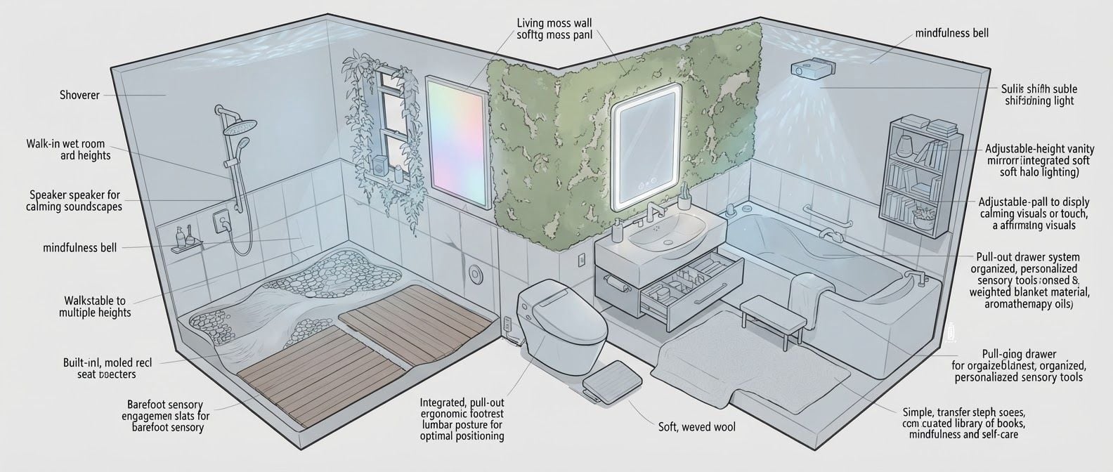 AI Design for create a detailed isometric lineart illustration in the same artstyle as the reference image showing an surreal representation of a home space that is designed to nurture and support the mental wellbeing of a human being, ensure same art style and angle of view, emphasize on ergonomically considerate and  consideration to human centric design
