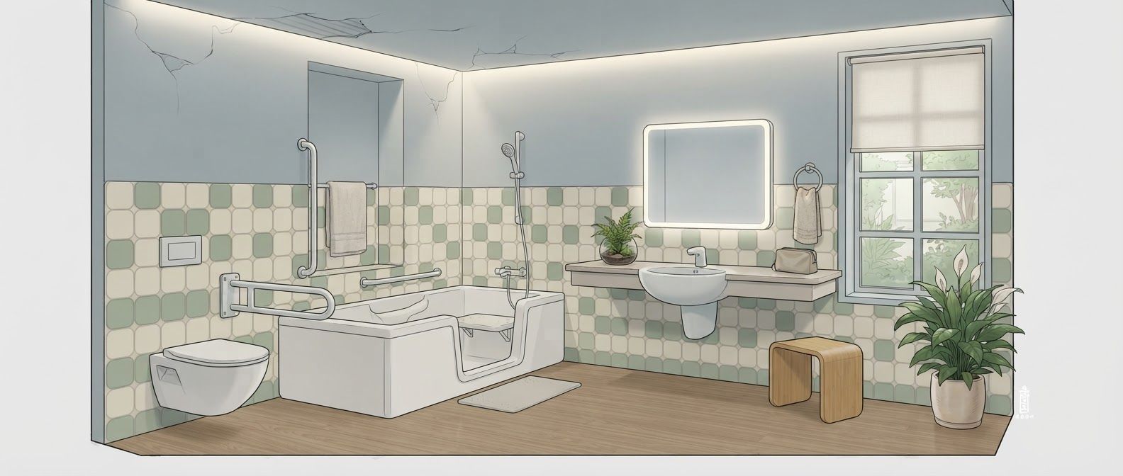 create a detailed isometric lineart illustration in the same artstyle as the reference image showing an accurate representation of holistic human centric designed space for psychosocial rehabilitation architecture, ensure same art style and angle of view, emphasize on ergonomically considerate and  consideration to human centric design