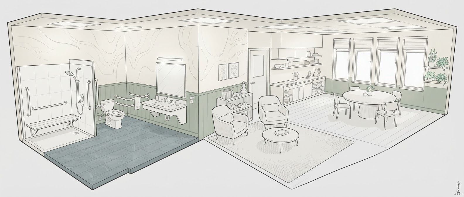 AI Design for create a detailed isometric lineart illustration in the same artstyle as the reference image showing an accurate representation of holistic human centric designed space for psychosocial rehabilitation architecture for a full rehab unit, ensure same art style and angle of view, emphasize on ergonomically considerate and  consideration to human centric design