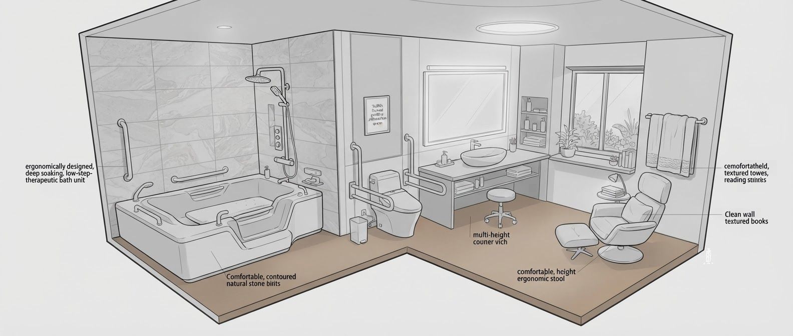 create a detailed isometric lineart illustration in the same artstyle as the reference image showing an accurate representation of holistic human centric designed space for psychosocial rehabilitation architecture for a full healing space, ensure same art style and angle of view, emphasize on ergonomically considerate and  consideration to human centric design