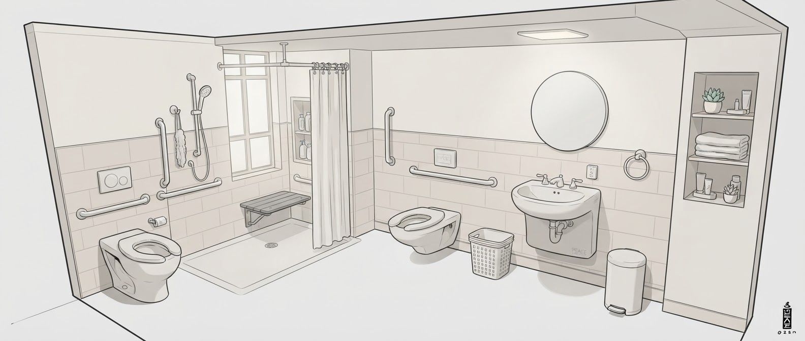 AI Design for create a detailed isometric lineart illustration in the same artstyle as the reference image showing an accurate representation of holistic human centric designed space for psychosocial rehabilitation architecture for a full rehab unit, ensure same art style and angle of view, emphasize on ergonomically considerate and  consideration to human centric design