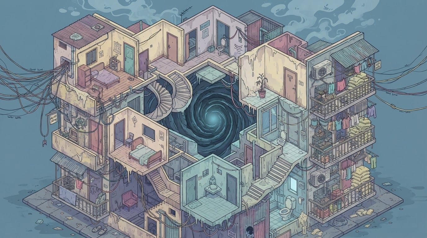 AI Design for create a detailed minimal isometric lineart illustration in the same artstyle as the first reference image showing an accurate representation of Bangladeshi middle class housing architecture and residency space, ensure same art style and angle of view, emphasize on the disregulated nature of spaces that are meant to accomodate people avoidant of consideration to human centric design. but the final composition will be surreal, depicting the correlation between architecture and mental health