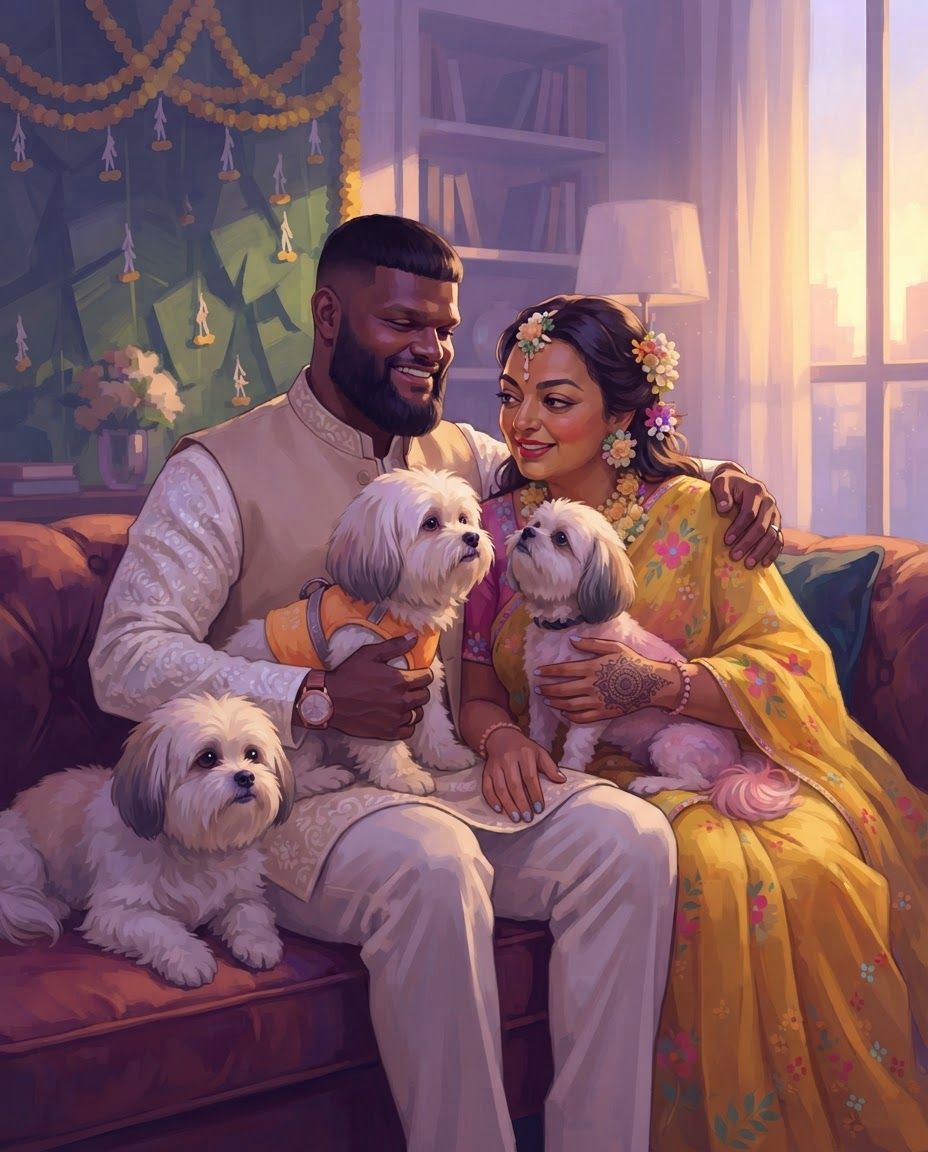 AI Design for Create a highly detailed professional illustrated portrait of a couple together with their three dogs, using the attached reference image strictly as the VISUAL STYLE REFERENCE.
IMPORTANT: Preserve the real identity and recognizable physical characteristics of both people and all three dogs. Treat the supplied photographs as the primary identity references. Accurately reproduce facial structure, facial proportions, eye shape, eyebrows, nose, lips, jawline, hairline, hairstyle, skin tone, age, distinctive facial features, body proportions, and natural expressions of each individual. Do not beautify, genericize, age, de-age, or substantially alter their appearance.
For each dog, accurately preserve breed/type, body structure, size relationship, head shape, muzzle length, ear shape and position, eye shape, coat color, coat markings, fur pattern, distinctive patches, nose shape, tail characteristics, and other recognizable physical traits. Each dog must remain clearly distinguishable from the others.
VISUAL STYLE: follow 4rth image for art style reference
Match the supplied reference's sophisticated cinematic digital illustration aesthetic. Semi-realistic contemporary comic-book / graphic-novel painting, highly refined character illustration, realistic anatomy combined with stylized graphic shapes, confident clean contour work, angular painterly planes, carefully simplified forms, rich tonal modeling, subtle textured brushwork, crisp facial rendering, sophisticated color separation, dramatic environmental lighting, and polished professional concept-art finish.
Use the reference's characteristic balance between realism and stylization: faces should remain anatomically convincing and recognizable while being interpreted through expressive painted shapes rather than photorealistic rendering. Avoid looking like a photograph, generic AI portrait, anime, 3D render, or conventional cartoon.
LIGHTING AND COLOR:
Use cinematic directional lighting with warm golden sunlight interacting with cooler violet, lavender, mauve, blue and muted teal shadow areas. Strong but controlled warm/cool color contrast. Soft atmospheric glow around illuminated areas, subtle reflected light on skin and fur, carefully designed highlights, deep but transparent shadows, and sophisticated color grading. Maintain the reference's luminous sunset/interior-light feeling without simply copying its original environment.
PAINTING TECHNIQUE:
Visible but refined digital brushwork, layered painterly color planes, subtle texture, crisp edges around important facial features, softer edges in secondary areas, controlled linework, nuanced skin rendering, individually readable strands of hair and fur without excessive micro-detail. Use simplified graphic shadow shapes combined with realistic anatomical volume.
COMPOSITION:
Create a balanced portrait composition featuring the couple as the central subjects with their three dogs naturally integrated around them. Arrange the subjects so that every face and every dog is clearly visible and readable. Establish an intimate sense of companionship and genuine connection between the couple and their pets.
The three dogs should have clearly different poses and silhouettes so none overlap confusingly. Maintain accurate scale relationships between the couple and all three dogs. Avoid placing any dog directly in front of a person's face. Allow enough negative space around heads and bodies for clean silhouettes.
POSE AND EXPRESSION:
Natural, relaxed interaction rather than stiff studio posing. The couple should appear comfortable and emotionally connected, while the dogs should behave naturally and individually. Preserve each person's characteristic expression from the supplied references while adapting it into the illustrated style. Expressions should feel subtle, warm, believable and emotionally authentic.
BACKGROUND:
Create a tasteful cinematic environment that supports the portrait without competing with the subjects. Use an elegant contemporary interior or softly atmospheric home setting, with simplified architectural forms, furniture and environmental details. Background elements should be rendered with broader painterly shapes and lower visual contrast than the characters.
DETAIL PRIORITY:
1. Exact facial identity of both people
2. Accurate physical characteristics of all three dogs
3. Correct anatomy and proportions
4. Natural interaction between all five subjects
5. Cinematic lighting
6. Painterly graphic rendering
7. Environmental atmosphere
8. Fine hair and fur details
The final artwork should feel like a professionally commissioned premium character illustration: emotionally intimate, cinematic, sophisticated, highly detailed and visually cohesive, with the unmistakable visual language of the supplied reference while remaining an original composition.
HIGH RESOLUTION, polished professional digital painting, refined anatomy, accurate facial likeness, accurate animal likeness, sophisticated composition, cinematic lighting, rich painterly color, controlled graphic shapes, detailed but elegant rendering, sharp focal details, atmospheric depth.
