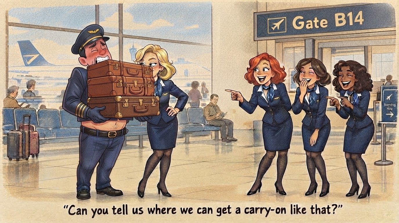 AI Design for make his arms raise the suitcases a bit higher. exposing his belt