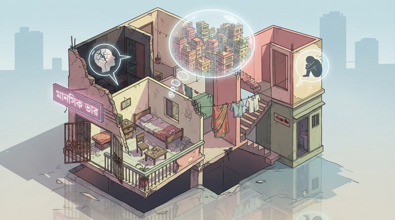 AI Design for create a detailed minimal isometric lineart illustration in the same artstyle as the first reference image showing an accurate representation of Bangladeshi middle class housing architecture and residency space, ensure same art style and angle of view, emphasize on the disregulated nature of spaces that are meant to accomodate people avoidant of consideration to human centric design. but the final composition will be surreal, depicting the correlation between architecture and mental health. minimal composition, donty crowd it too much