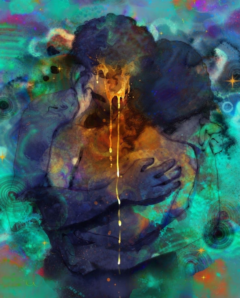 AI Design for create a new artwork similar to the art style of the reference image that is based on the concept of 'grief' , painterly, surreal, abstract colourful poetic artwork. dont copy reference image only follow textures