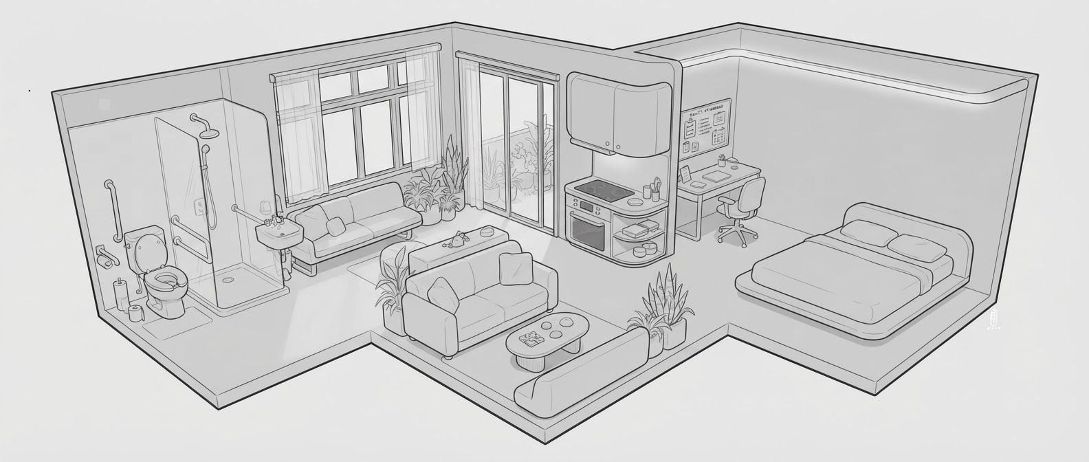 create a detailed isometric lineart illustration in the same artstyle as the reference image showing an accurate representation of holistic human centric designed space for psychosocial rehabilitation architecture for a full residential space, ensure same art style and angle of view, emphasize on ergonomically considerate and  consideration to human centric design