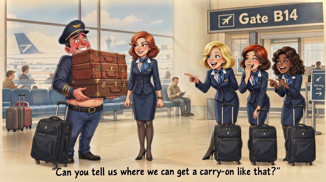 AI Design for please revise the image accordaing to these adjustments.
The pilot: Can to show him with his eyes opened? Keep his smile and red face but show him more nervous and embarrassed than looking like he's lifting something heavy.
Also (I'll send you a picture of this too) can you have one of the bags he's hold be an actually black suitcase with wheels (check reference image)? It would make it look more modern. Show that black suitcase and maybe one or with other regular bags stacked up to his chest. Lastly about the pilot.
Next the flight attendant by the pilot: Show her stand more upright with her arm straight still making a fist as it is
Lastly the other three Flight Attendants: All you need to do is show all of them with their black suitcase with wheels stand by them. Let me know if you have any questions.
Have their suitcases look like the second image