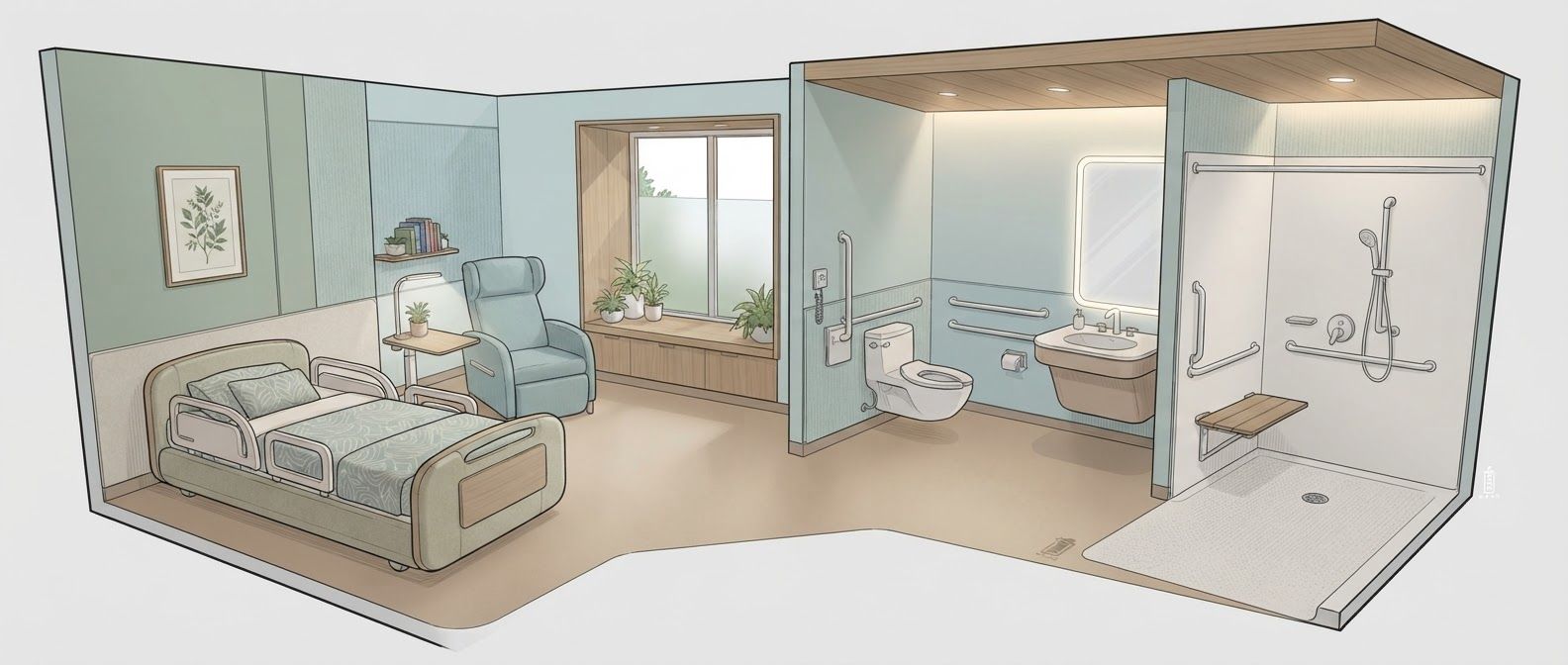 AI Design for create a detailed isometric lineart illustration in the same artstyle as the reference image showing an accurate representation of holistic human centric designed space for psychosocial rehabilitation architecture for a full rehab unit, ensure same art style and angle of view, emphasize on ergonomically considerate and  consideration to human centric design