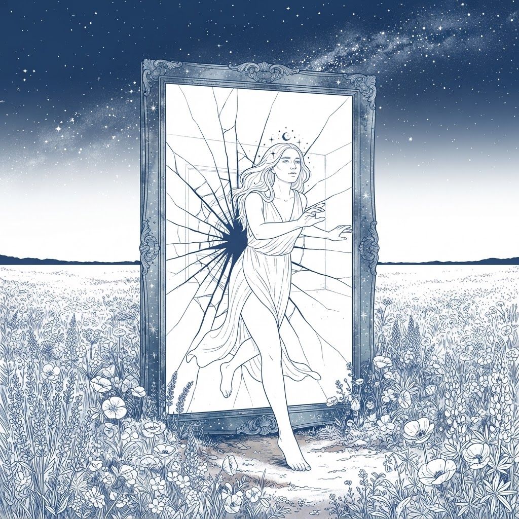 AI Design for A person stepping out of a cracked mirror into a blooming landscape, surreal minimal illustration, transformation, acceptance, self-reclamation.