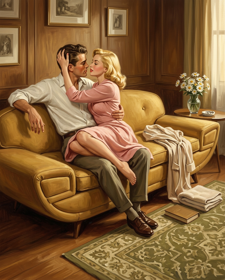 AI Design for Create a large-format vintage romantic illustration inspired by Norman Rockwell, Gil Elvgren, and classic American magazine illustrations from the late 1940s and early 1950s.
The scene represents the emotional conclusion of a three-piece illustration series.
A handsome young couple sits closely together on a beautifully sculpted mid-century modern curved sofa inspired by iconic Danish furniture design. folow exact same pose in reference image
The composition follows the visual rhythm of classic vintage romantic paintings:
relaxed natural interaction
intimate eye contact
expressive storytelling
believable body language
painterly realism
Wardrobe consists of elegant period-inspired robes or draped fabrics that maintain a tasteful fine-art presentation. use reference image
The environment subtly references the earlier illustrations through environmental storytelling.
Nearby are:
a casually discarded lightweight robe
folded towel
hardcover book lying face down on the floor
soft cushions
vintage area rug
The room contains only essential furniture to keep the focus on the figures.
Lighting:
warm cinematic afternoon sunlight entering through an unseen window
Soft rim lighting defines the figures while maintaining gentle painterly shadows.
Color harmony:
Maintain the exact same monochromatic family used throughout the collection.
Suggested palette:
warm mustard
honey gold
muted olive
cream
walnut brown
soft beige
aged brass accents
Everything should feel unified using a restrained color palette.
Rendering style:
hand-painted oil illustration
subtle canvas texture
painterly realism
authentic brush strokes
realistic anatomy
expressive faces
vintage magazine illustration quality
premium gallery artwork
elegant storytelling
timeless Americana
refined romantic atmosphere
Composition:
horizontal composition
designed for 30 × 60 inch print
2:1 panoramic aspect ratio
ultra-high resolution
highly detailed facial features
museum-quality finish
no text
no logos
no watermark
no modern furniture except specified sofa
no distracting background elements