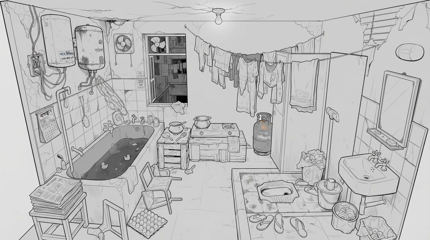 create a detailed isometric lineart illustration in the same artstyle as the reference image showing an accurate representation of Bangladeshi middle class housing architecture and residency space, ensure same art style and angle of view, emphasize on the disregulated nature of spaces that are meant to accomodate people avoidant of consideration to human centric design
