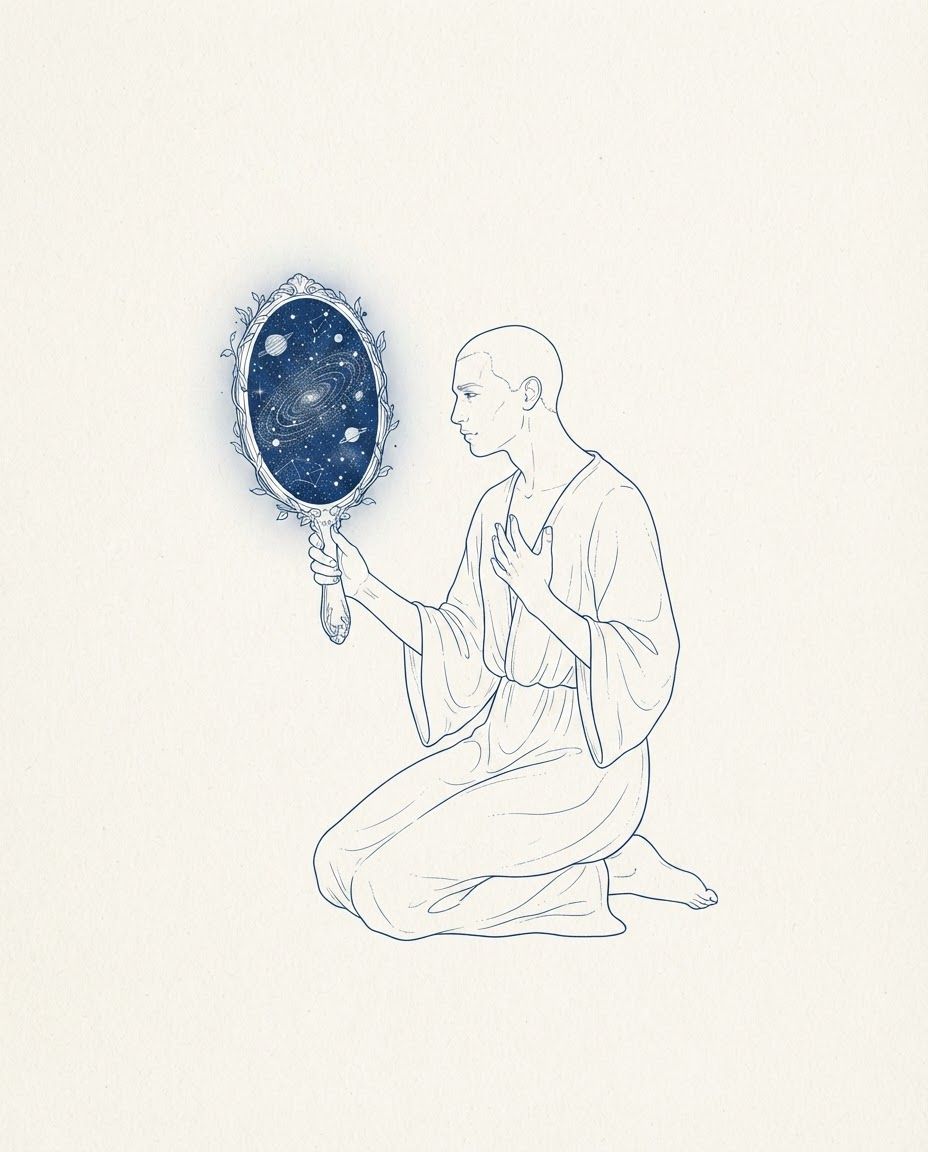 AI Design for A solitary figure gazing into a mirror that reflects an imagined universe instead of their own face, surreal minimal line art, soft dreamlike atmosphere, symbolic of projection and desire, empty space, poetic melancholy.